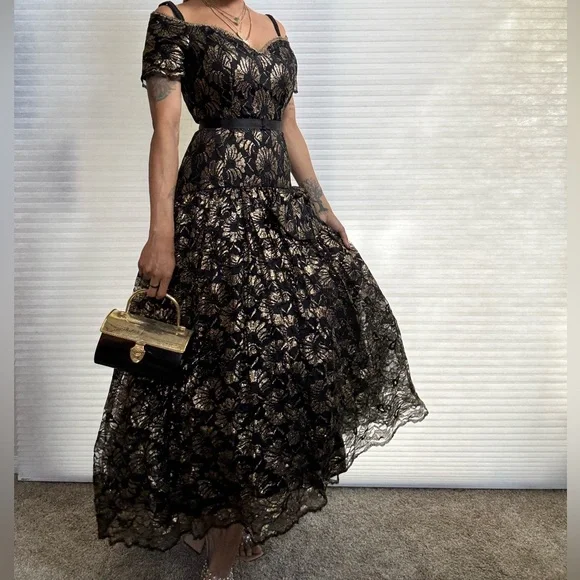 Vintage Saks Fifth Avenue “After Five” Gold & Black Lace Gown — Union Made - Picture 4 of 13